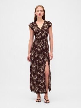 GAP Lace-Trim V-Neck Crepe Maxi Dress in Brown Floral | Size XS | NWOT